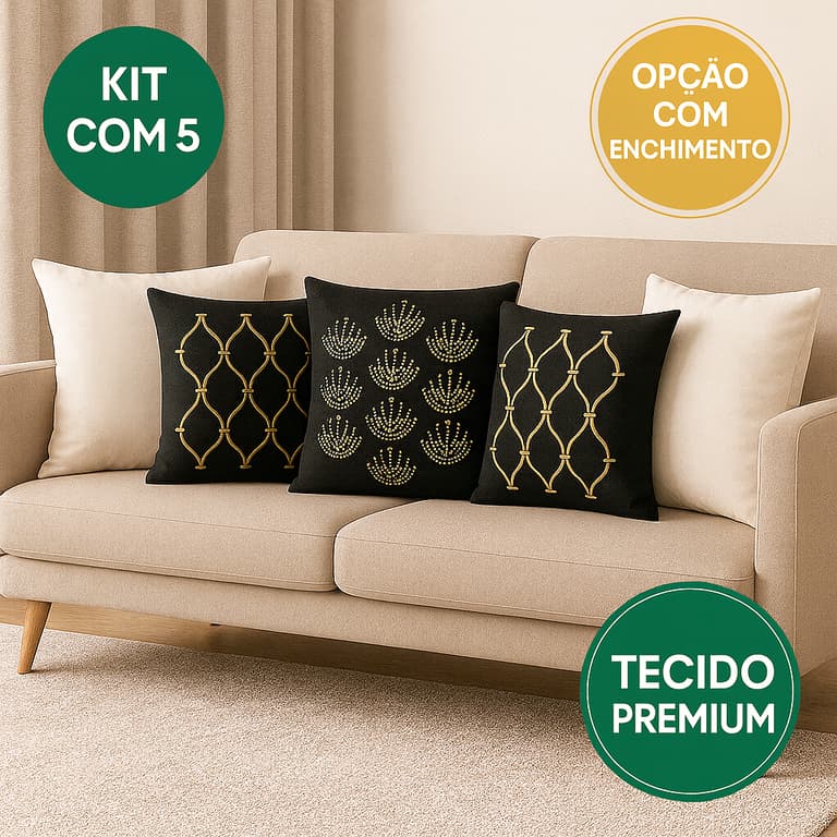 Kit 5 Almofadas Decorativas Suede Bordado Alto Relevo Luxo Sala Quarto Sofá