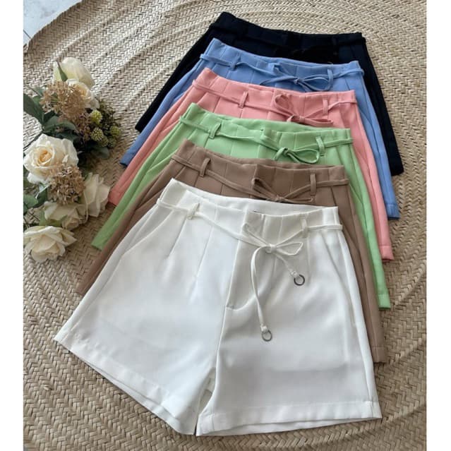 Short Alfaiataria Social Feminino Cordão Ajustavel Bolsos Lateral Zíper Oculto