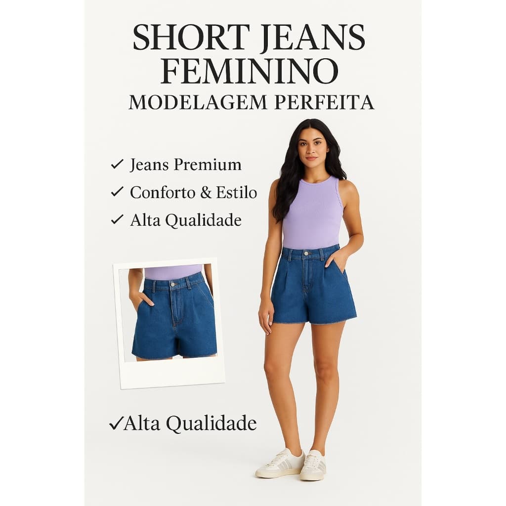 Short Jeans Feminino Premium – Cintura Alta, Bolso Faca e Barra Sem Bainha Perfeito no Corpo 100% Algodão