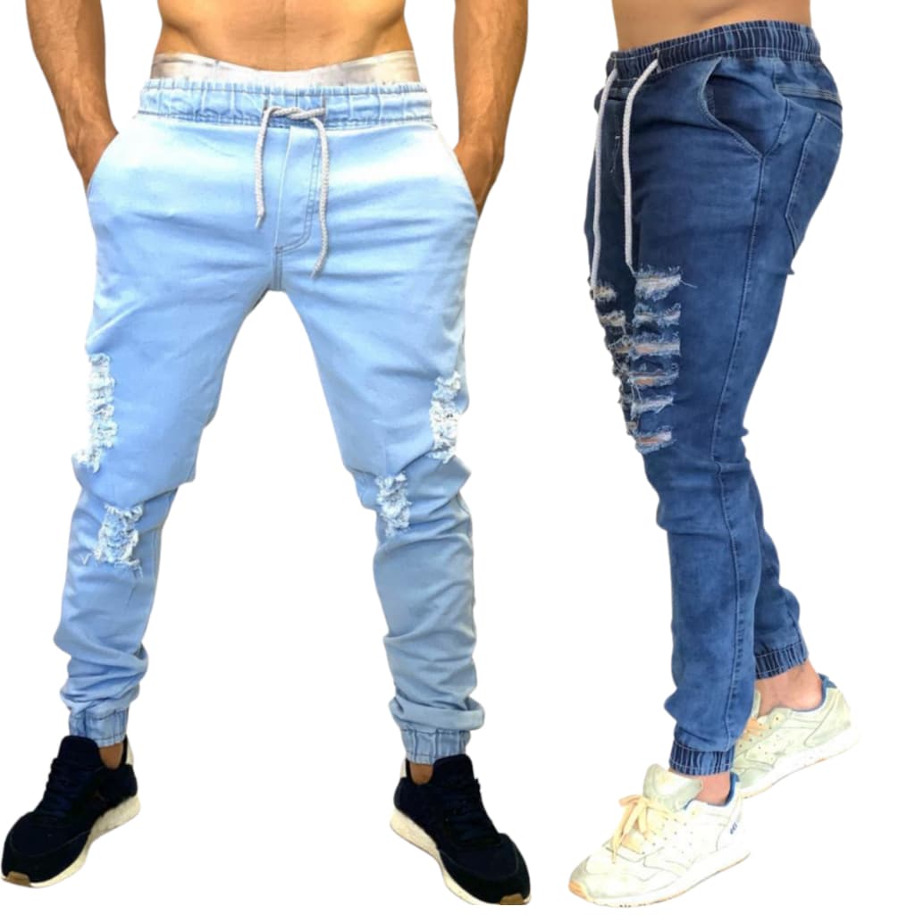 Kit 2 Calça Jogger Rasgada Streetwear Masculina Jeans e Sarja Rasgada Com Punho Elástico e Cordão