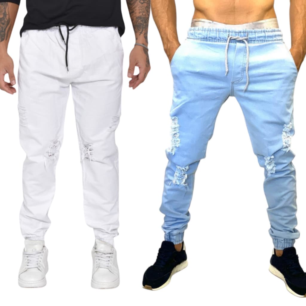 Kit 2 Calça Jogger Rasgada Jeans e Sarja Rasgada