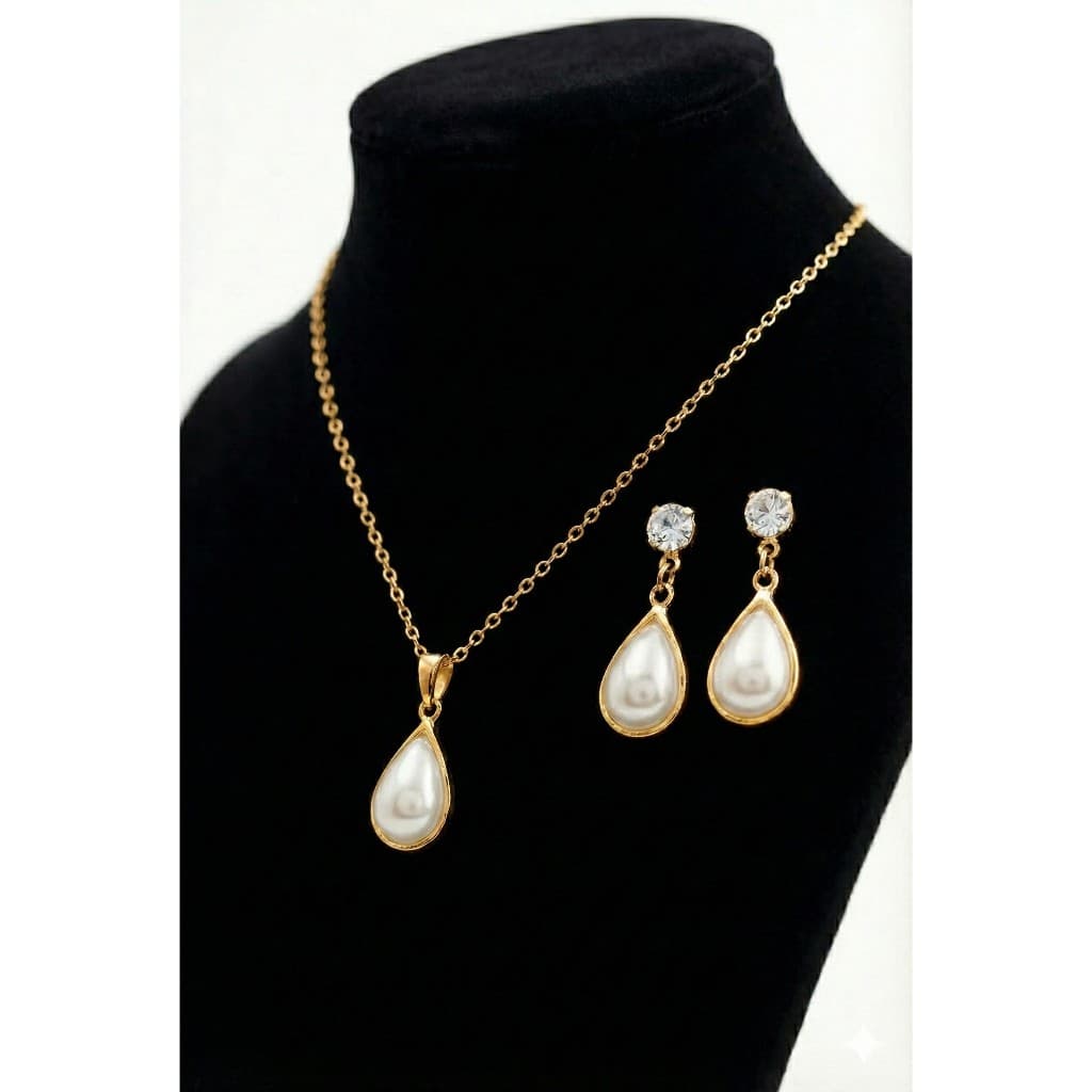 Conjunto de Colar e Brincos Folheado Dourado com Pérola Gota - Joias Femininas Fina