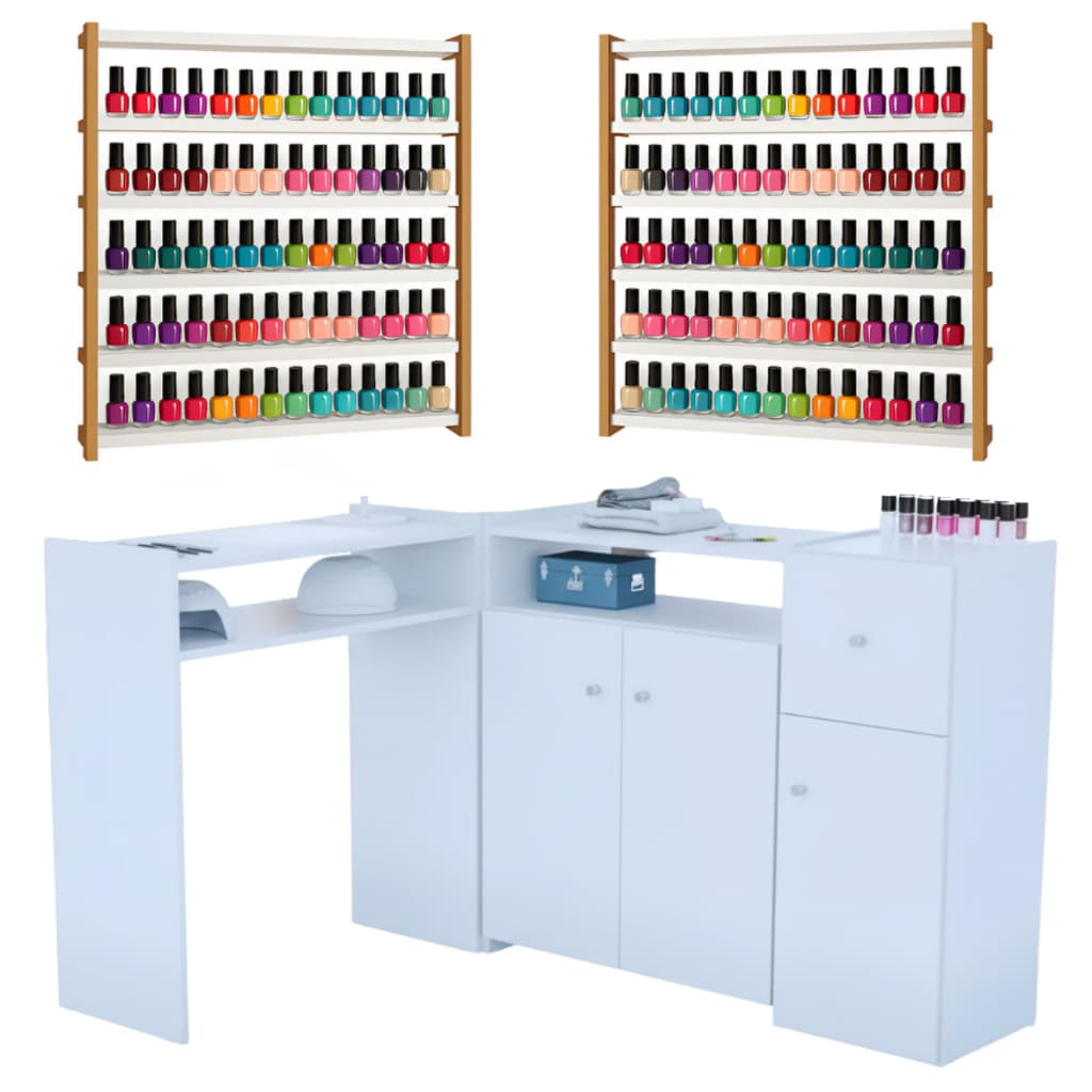 Mesa Manicure Em L Kit Com 2 Esmalteiras Grandes Para Salão De Beleza Spa Completo Dourado Mãos Pés
