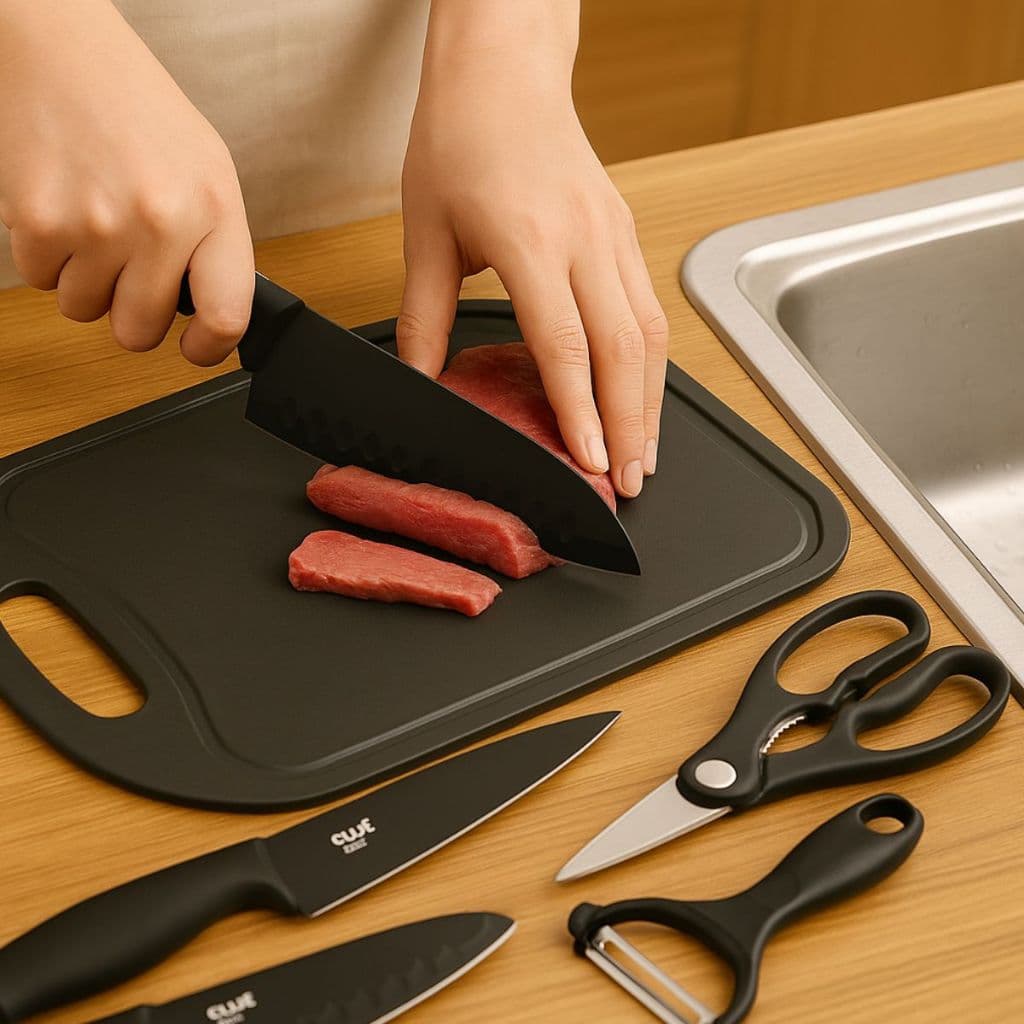 Kit Facas 7 Peças com Tábua Tesoura Descascador e Suporte – Cozinha Completa Preto