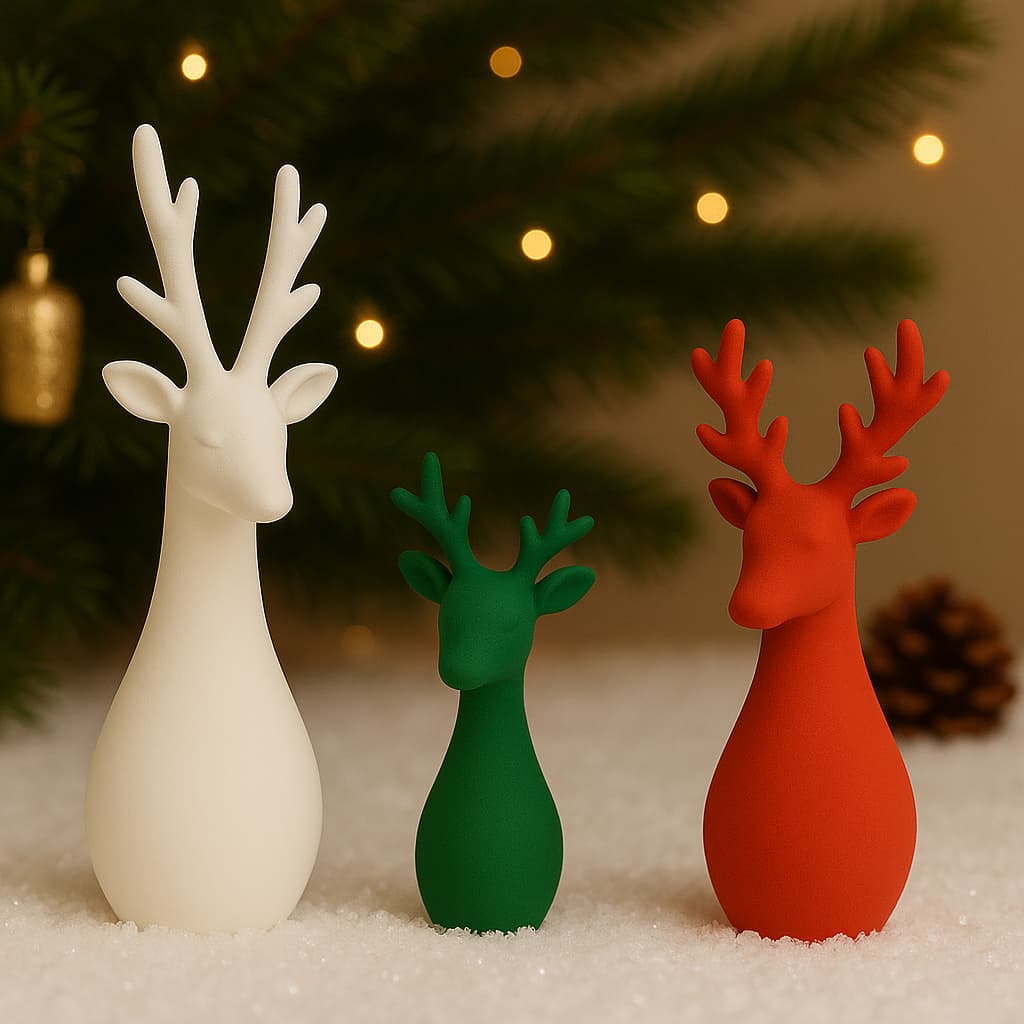 Kit 3 Renas Decorativas de Natal – Branco, Verde e Vermelho | Enfeite Moderno para Mesa, Sala e Árvore