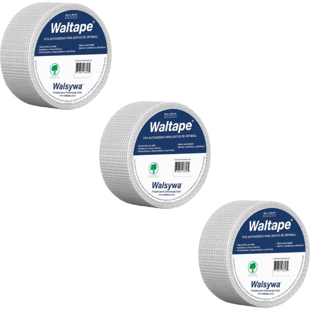 03 Fita Autoadesiva Telada Drywall, Gesso, Isopor Walsywa Waltape – Fibra de Vidro Juntas Reparos
