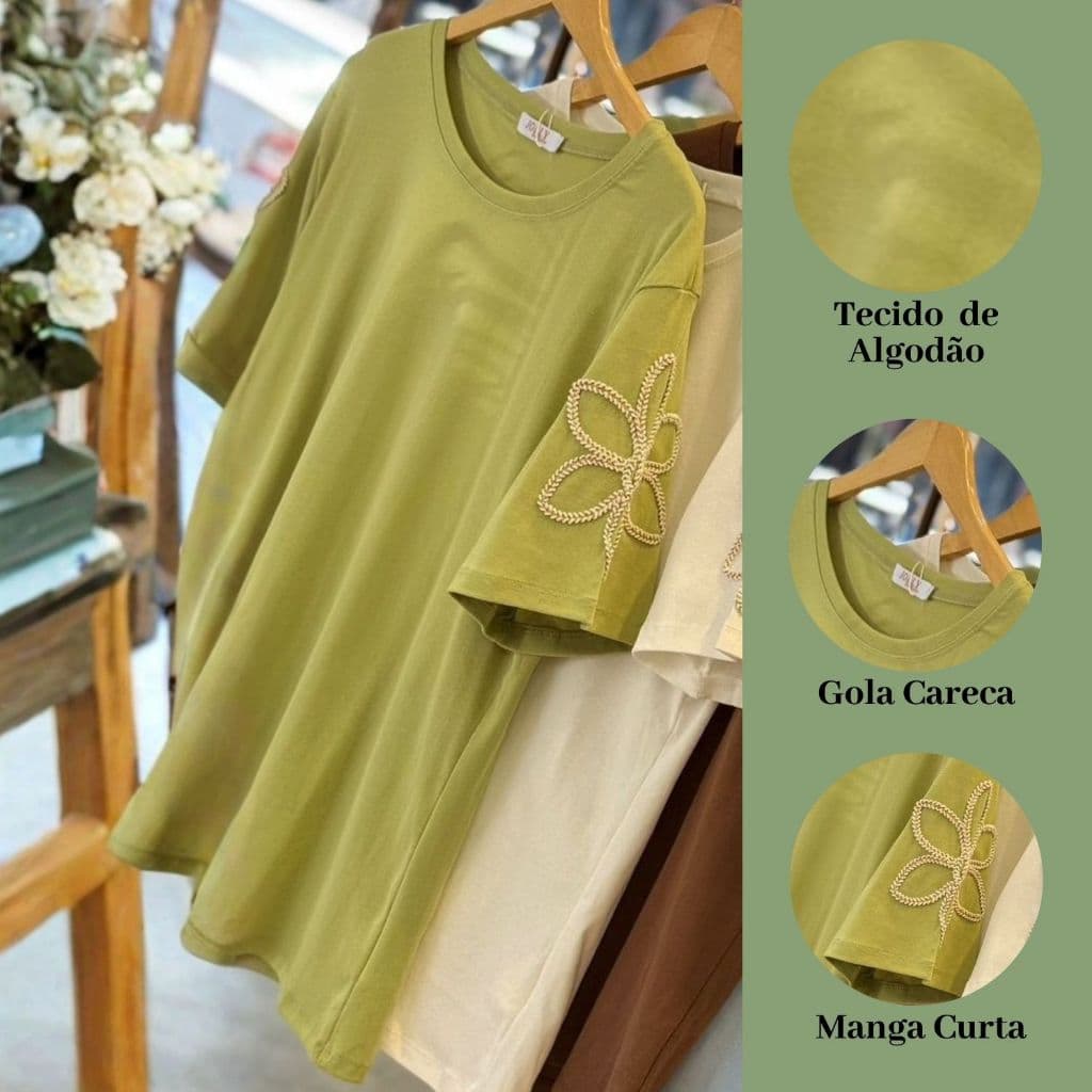 Blusa Plus Size Feminina Bordado Floral nas Mangas | Gola Careca | Algodão Premium | Tamanhos G1, G2 e G3 | Varias Cores