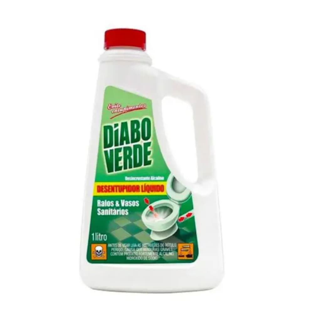 Desentupidor Liquido Químico Diabo Verde 1L – Limpa e Desentope Ralos, Pias e Vasos Sanitários com Ação Rápida