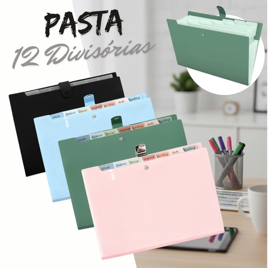 Pasta Sanfonada A4 Porta Documentos 12 Divisórias Várias Cores