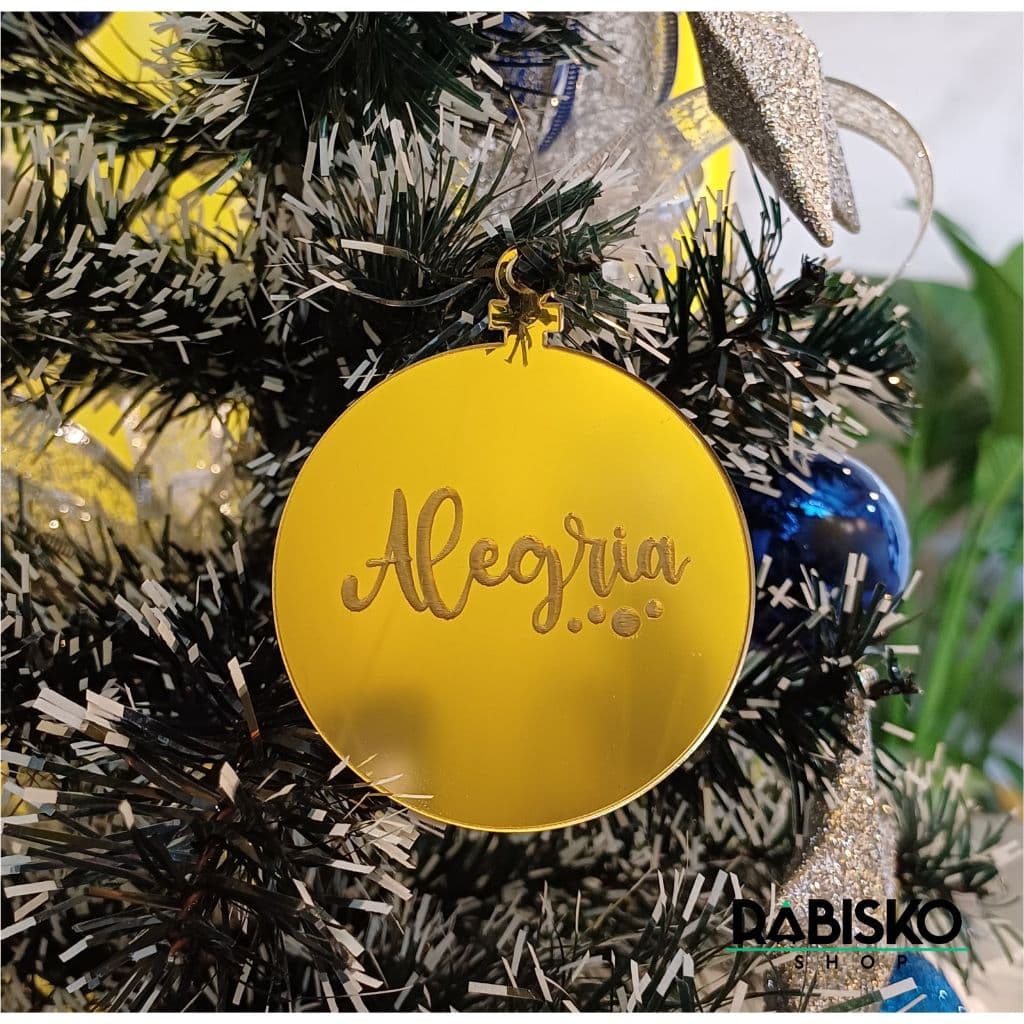 Kit 8 uni - Enfeite de Natal Acrílico 2mm Bola com cordão Palavras Gravadas Decoração