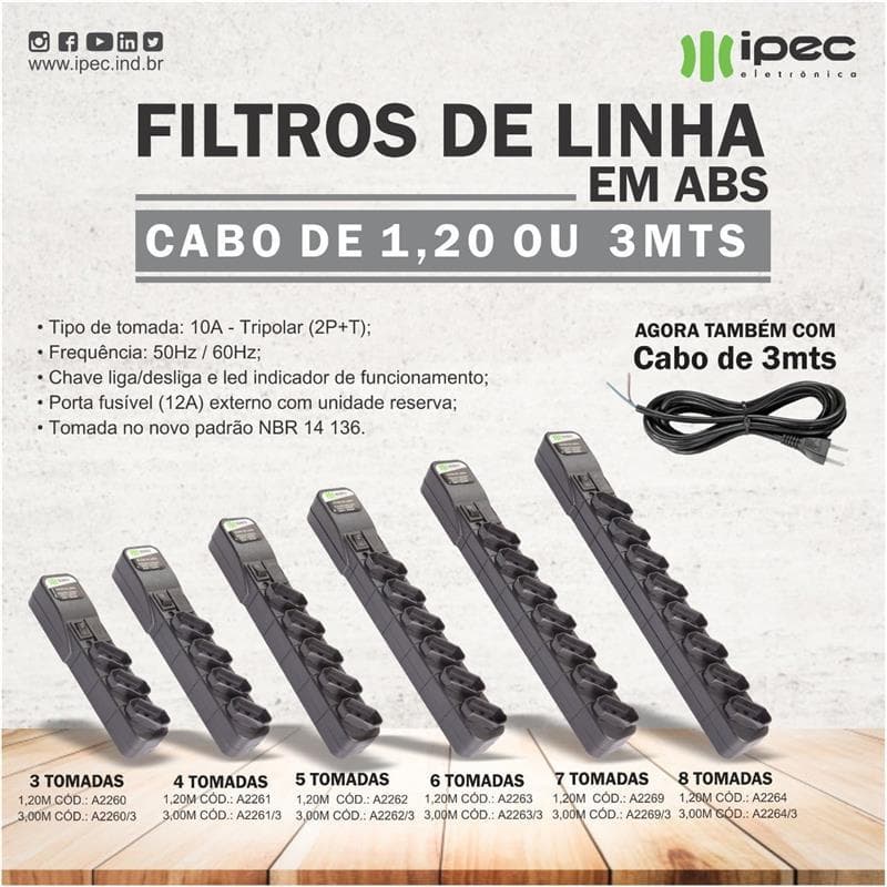 Filtro De Linha Régua Extensão 3 A 8 Tomadas Cabo 1,20 Ou 3m Bivolt