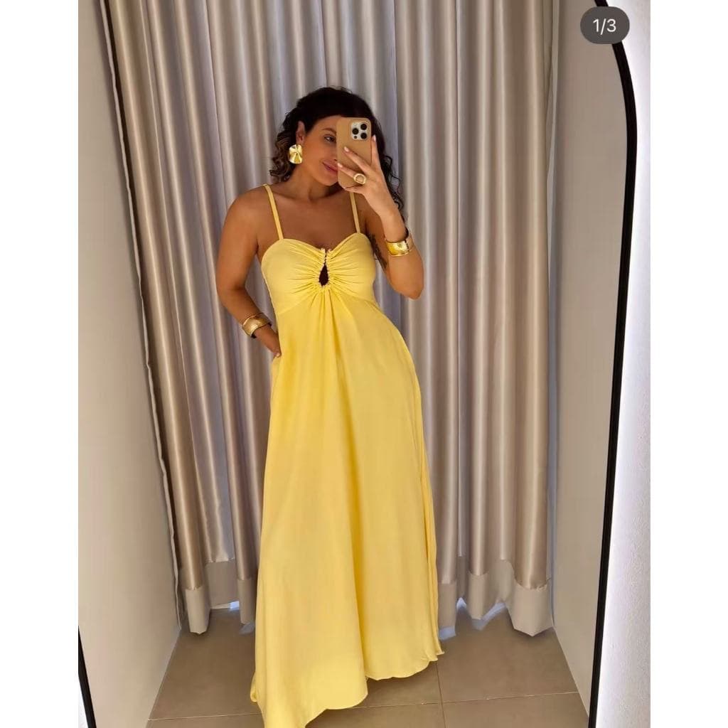 Vestido Feminino Longo Fresco Alça Fina com Decote Aro