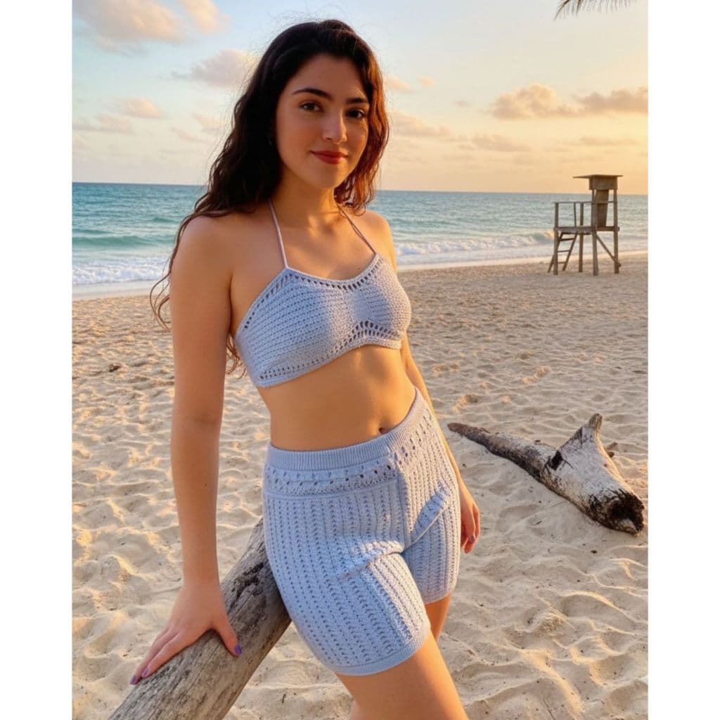 Saída de Praia Tricô Short e Top Amarração Frente Única Feminino Tricot Moda Praia Verão