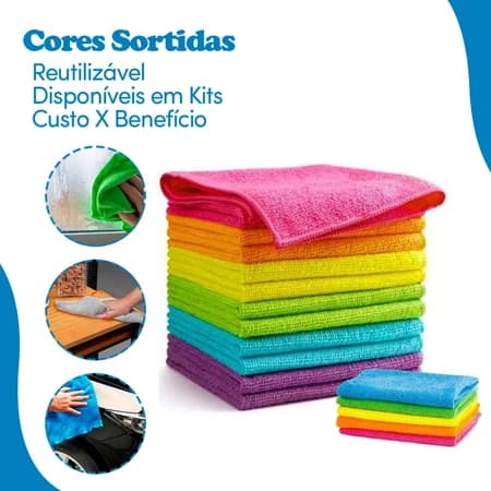 Kit Panos De Microfibras 15 Unidades Multiuso Reutilizáveis Para Limpeza Com Alta Absorção 25cmx25cm Cores Sortidas