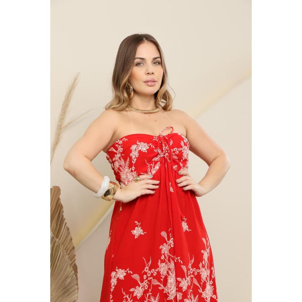 Vestido Feminina longo Duna Estampa Tomara Que Caia com Amarração