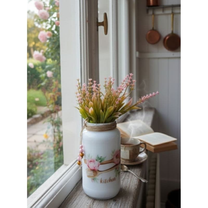 Vaso Decorativo Artesanal Shabby Chic/Farmhouse Vaso "Kitchen" com Flores Artificiais | Ideal para Cozinha
