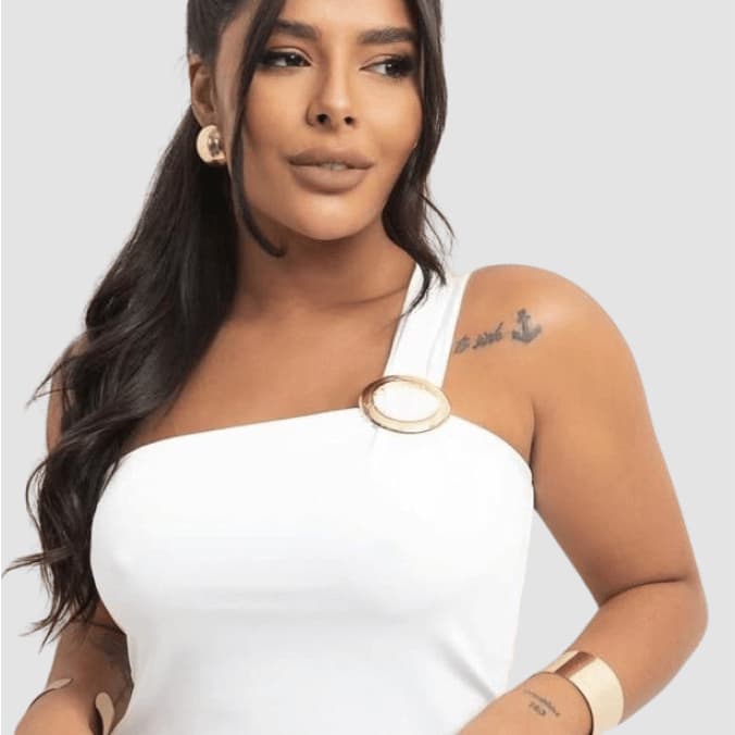 Blusa Feminina Um Ombro Argola Assimetrica Prateada Suplex Elegante Mula Manca