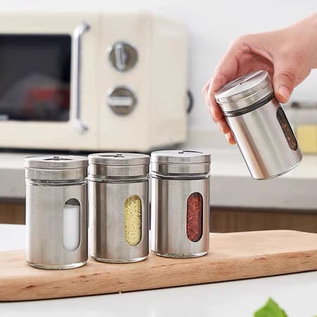 Kit 4 Porta Temperos Condimentos Saleiro Paliteiro Queijeiro Pimenteiro em Aço Inox  Vidro + Visor 100ML Tampa Giratória