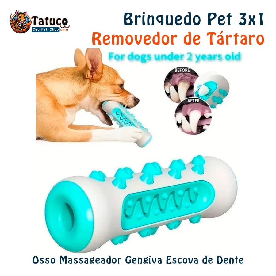 Brinquedo Pet 3 em 1 Mordedor Osso Massageador Gengiva e Removedor de Tártaro Cachorro Cão Pet