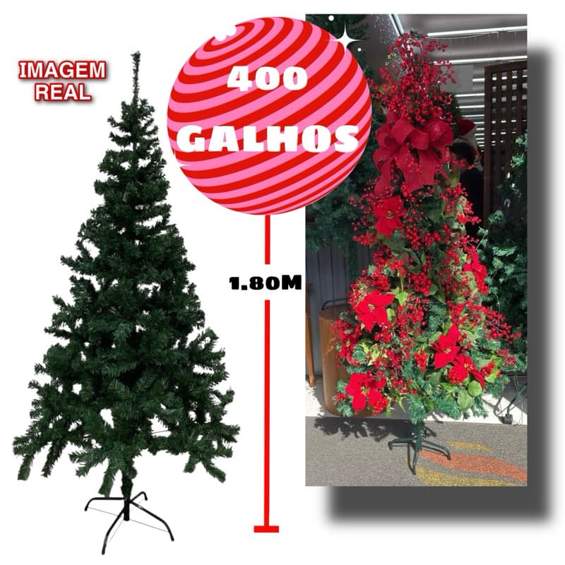 Arvore De Natal Pinheiro 1,80 Metro 400 Galhos Decoração Pé de Ferro