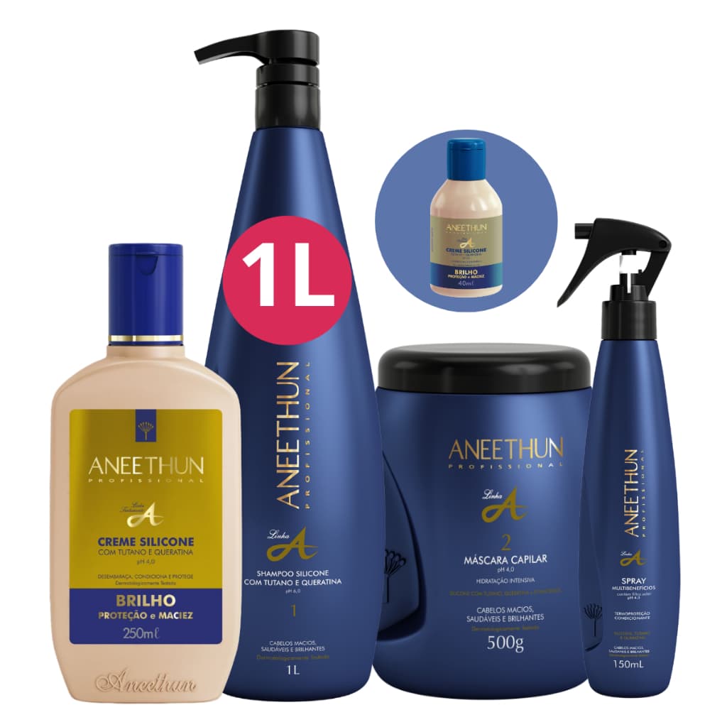 Kit Hidratação Imediata Aneethun Linha A 4 Produtos - Shampoo 1Lt - Máscara 500g - Creme 250g - Spray 150ml + Brinde