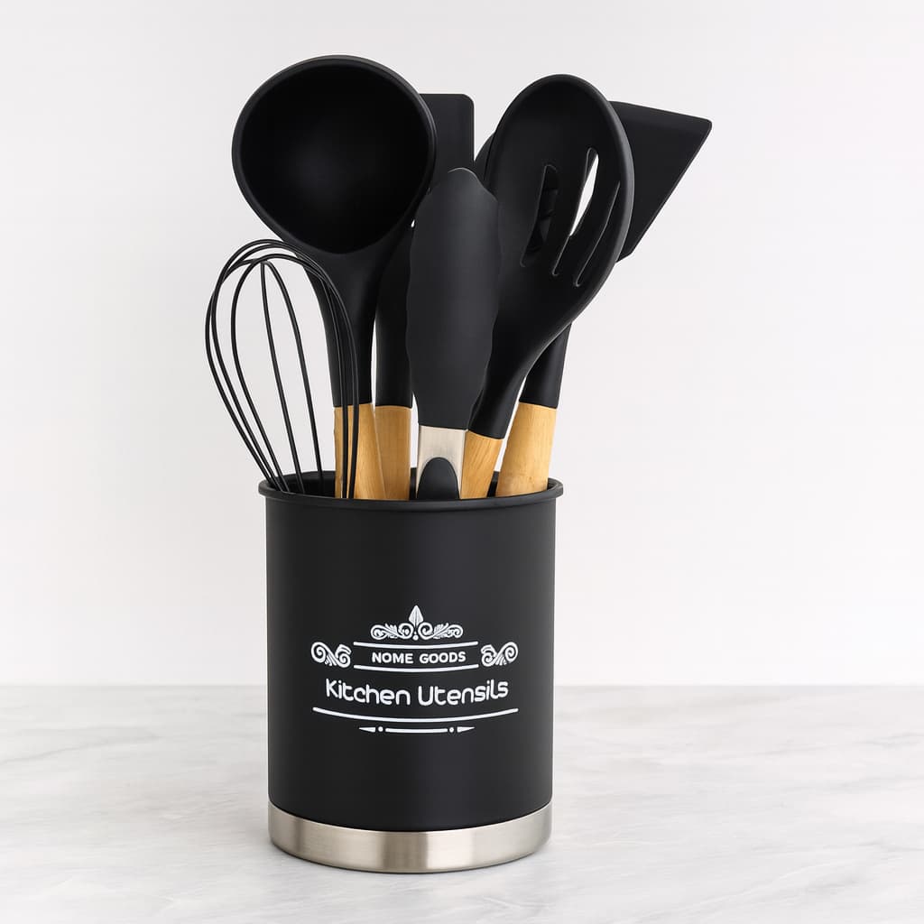Kit 12 Utensílios De Cozinha Em Silicone E Cabo De Madeira Grande Varias cores