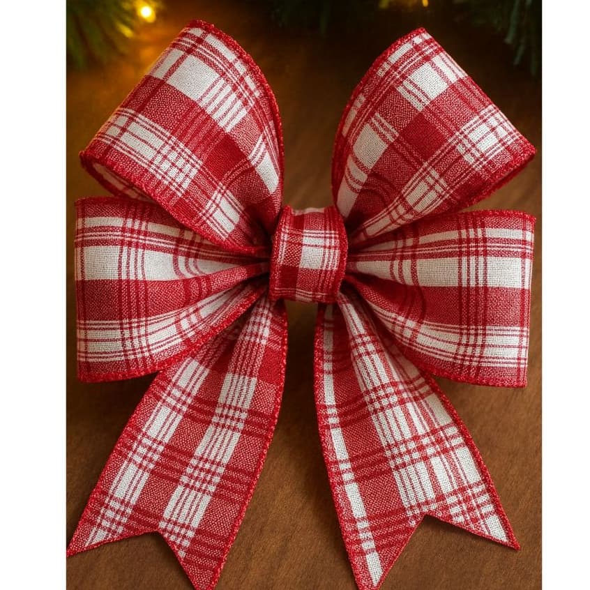 Fita de Natal aramada Xadrez branco com vermelho 9,14 cm por 6,3  Flor arte.