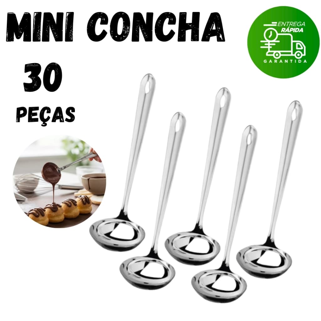 Kit 30 Mini Concha Pequena Servir Molho Caldos Calda Farofa Vinagrete Utensílios Metal Aço Inox