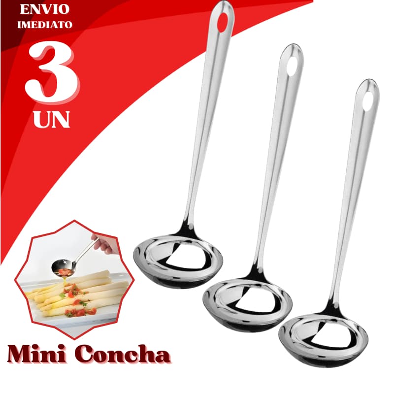 Jogo 3 Mini Conchas Inox Molho Aço Durável Cobertura Sorvete Calda Colher Servir
