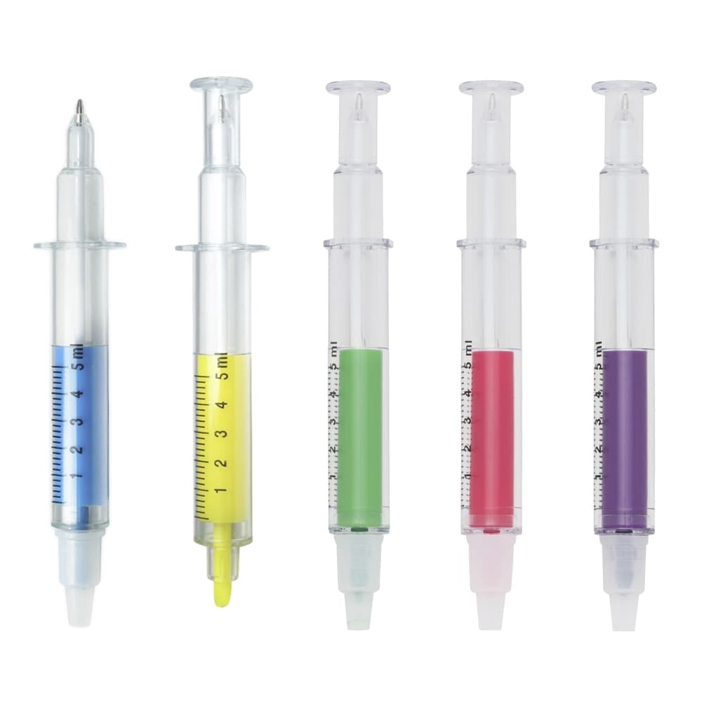 Kit Canetas Seringa 2 em 1 para Estudos – Marca-Texto + Esferográfica
