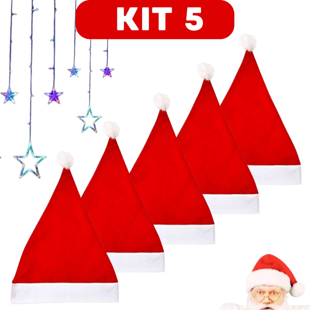 Gorro De Natal Vermelho Feltro Kit 5 unidades - Touca Papai Noel 40cm