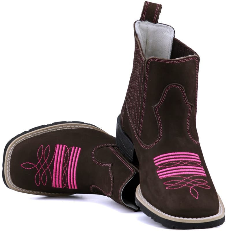 Botina Feminina Bordada Rosa Bico Quadrado Rodeio Texana Cowboy Bota Couro