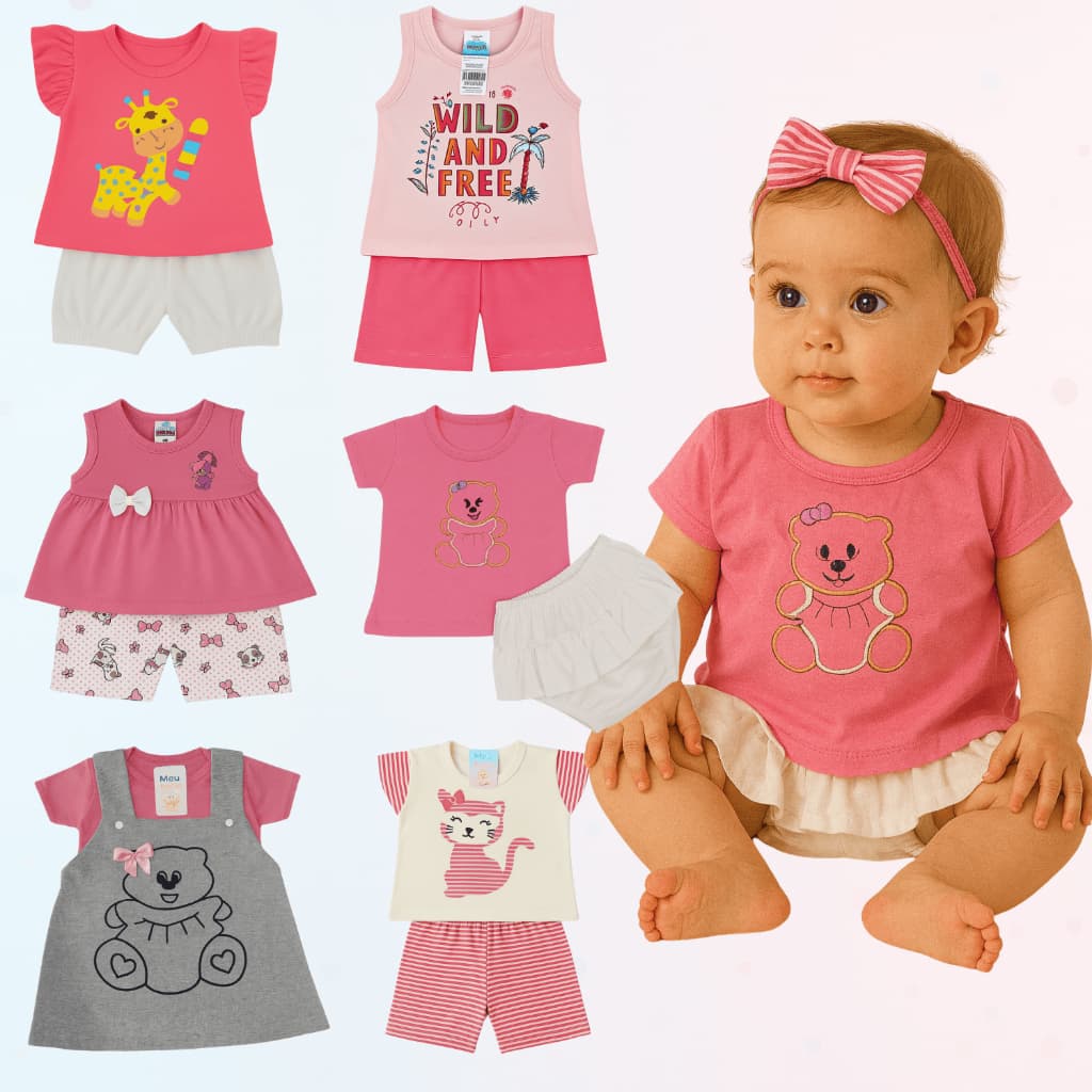 Kit 5 Conjuntos Menina Bebê Infantil Peças de Roupas Verão Infantil Fashion Short Blusa Algodão
