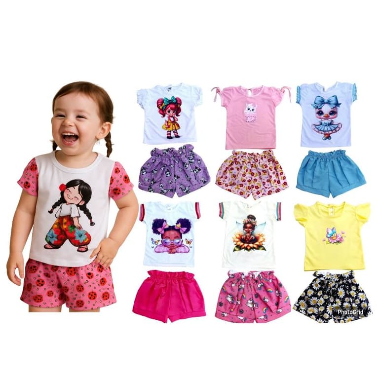 KIT 4 PEÇAS SORTIDAS DE ROUPAS INFANTIL MENINA SENDO 2 BLUSAS + 2 SHORTS