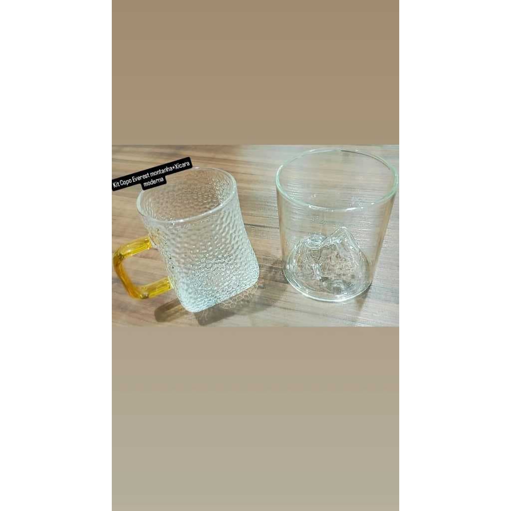 Kit Xícara Moderna Borossilicato 250ml + Copo Vidro Montanha Everest 280ml