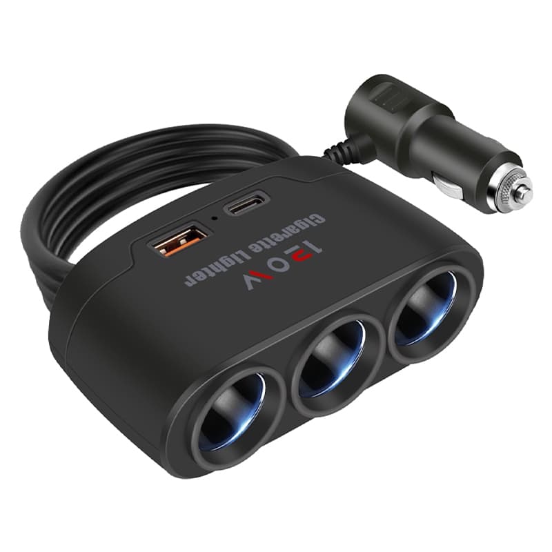 Adaptador 3 em 1 de Carregador de Carro 12V-24V | Divisor de Isqueiro 3 Soquetes + 2 Portas USB com LED e Carga Rápida