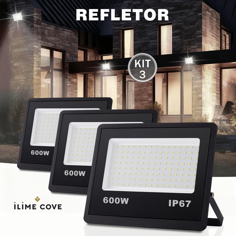 Kit 3 Refletor LED 600W Holofote Bivolt Super Brilhante Econômico com IP67 à Prova d'Água Externas