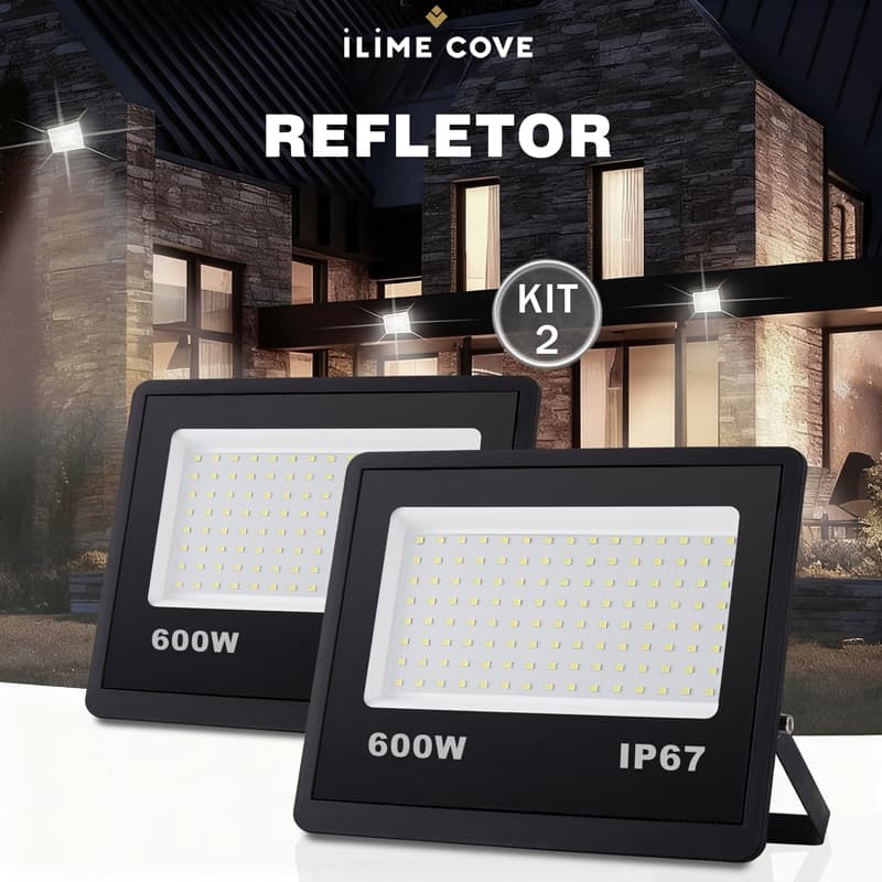 Kit 2 Refletor Super LED 600W Luz Frio 6500K Preto à Prova d'Água IP67 Alta Eficiência 110-265V