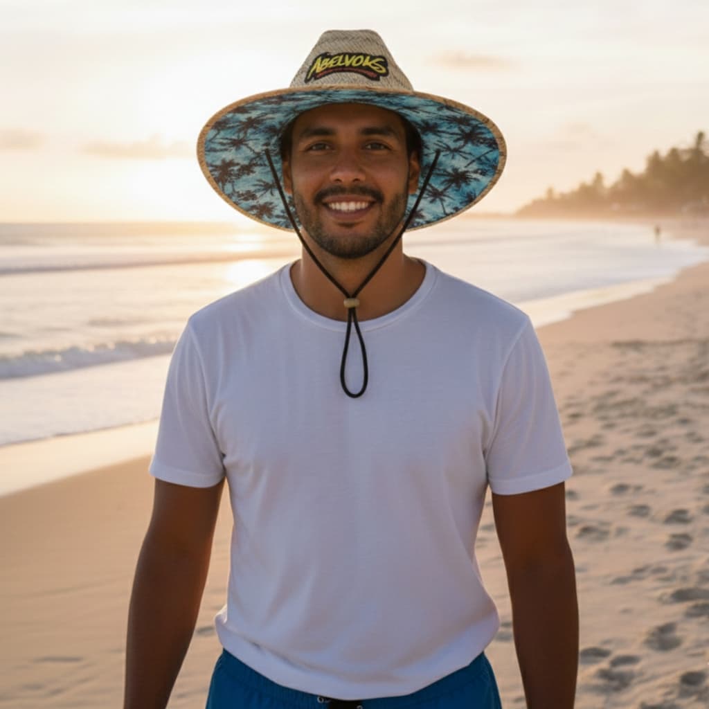 Chapéu de Palha Abelvolks Com Cordão Para Prender Ajustável Aba Larga Estampa Interior Praia Verão