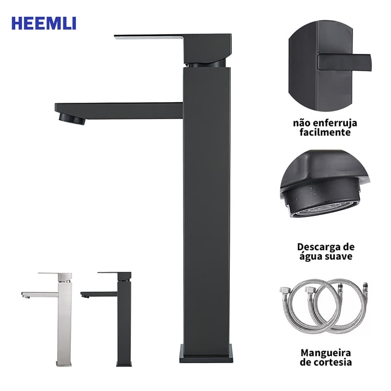 Heemli torneira banheiro inox monocomando Lavabo Saída Alta para Cuba Quadrado Pintura Preta Ajuste de Água Quente Fria