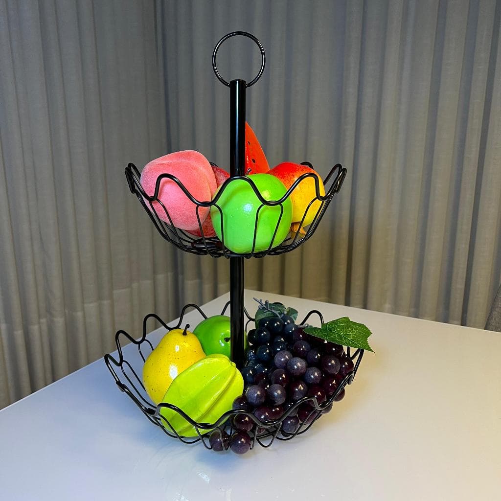 Fruteira, organizador de alimentos, metal, preto, dois andar, 43cm, moderno e elegante, Majestosa Casa