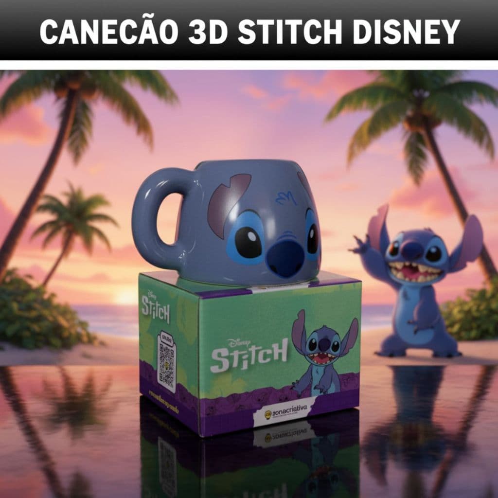 Caneca Stitch 450ml 3D Cerâmica Disney Zona Criativa Presente Fofo Ohana Decoração Infantil