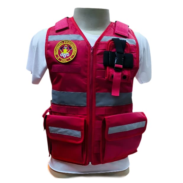 Colete Funcional Modular Bombeiro Civil R&Z Vermelho — 6 Bolsos Removíveis, Refletivos e Bordados