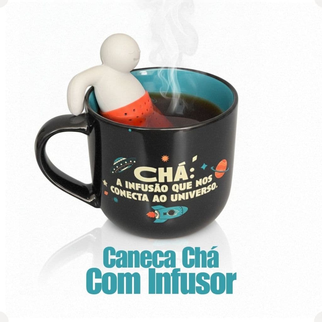 Caneca Com Infusor De Chá 350ml Astronauta Ceramica Vidro Zona Criativa Espaço Presente Fofo