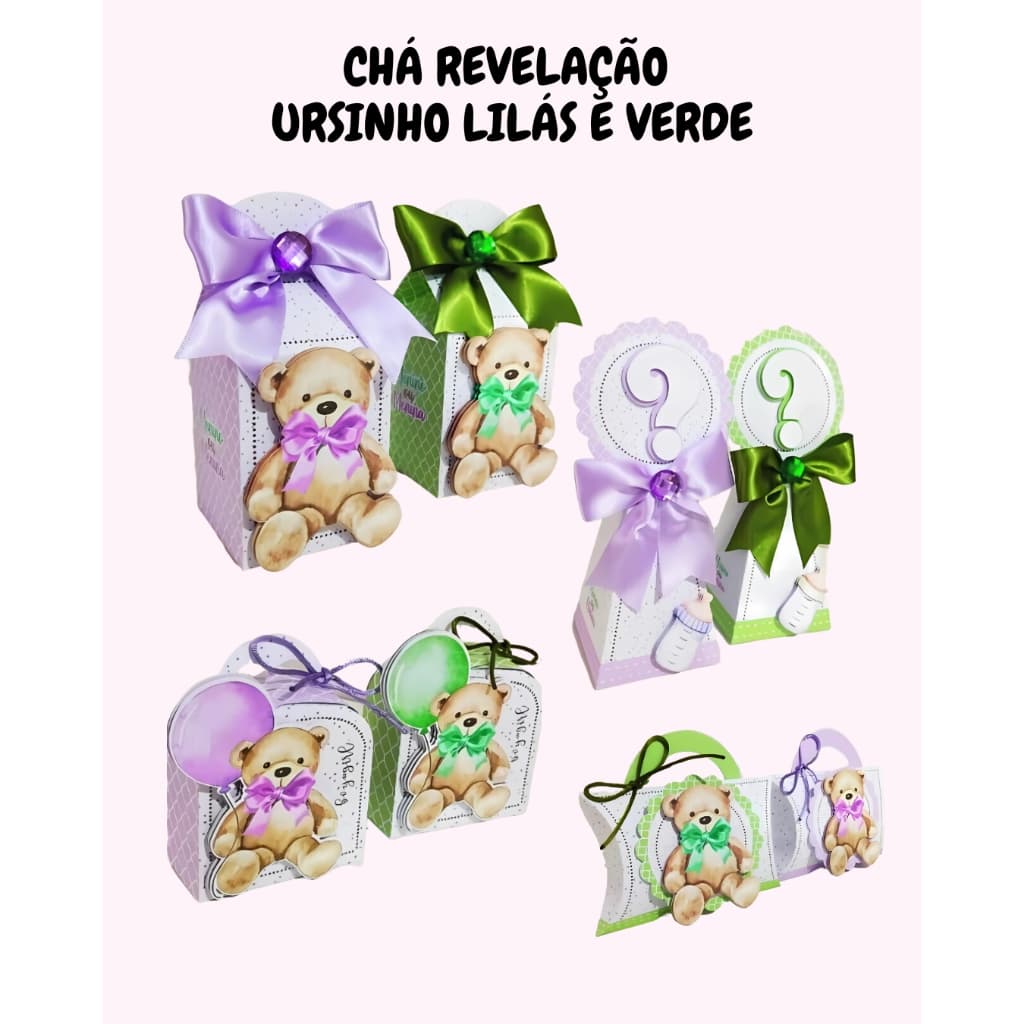 PERSONALIZADOS CHÁ REVELAÇÃO  URSINHO LILÁS E VERDE PEGUE E MONTE KIT FESTA  LEMBRANCINHAS