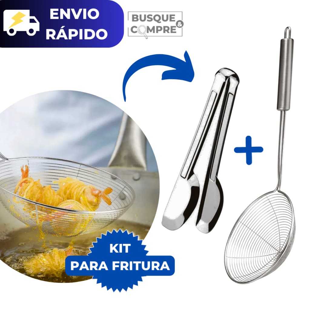 Kit Escumadeira Fritadeira de Inox Redonda + Pegador Universal Inox para Alimentos Cozinha Carne
