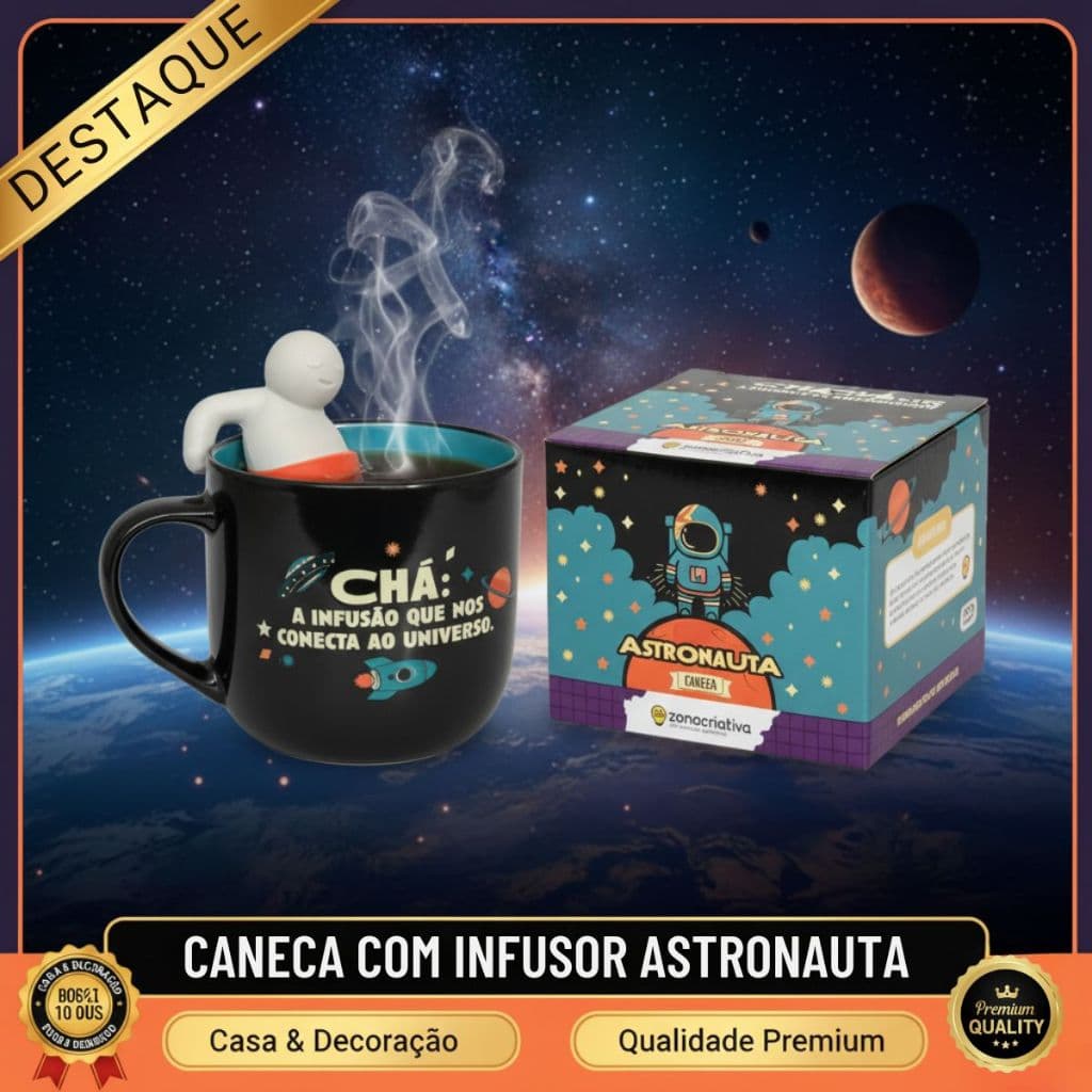 Caneca Astronauta 350ml Com Infusor Chá Vidro Tampa Filtro Universo Planetas Zona Criativa Presente