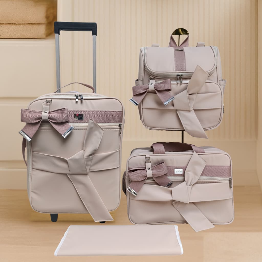 Kit de bolsas de maternidade com mala de rodinha, bolsa, mochila bege com laço luxo e faixa rosé