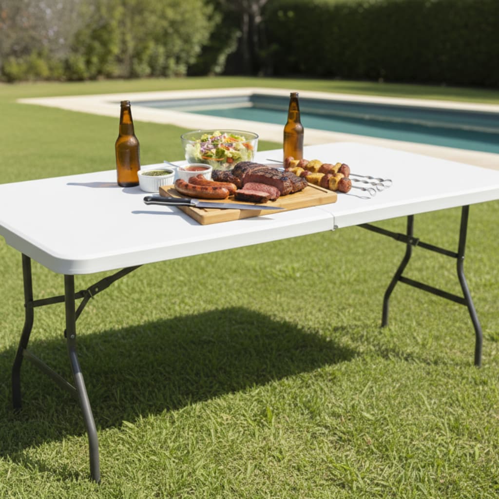 Mesa Dobrável Vira Maleta 1,80m Branca Para Festas Camping Churrasco Praia 180x75cm