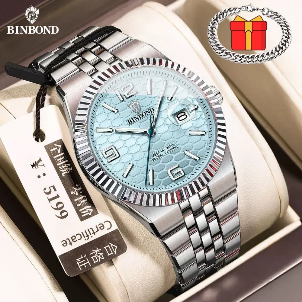 BINBOND Relógio masculino luxo original Data luminosa à prova d'água aço inoxidável Relogio quartzo